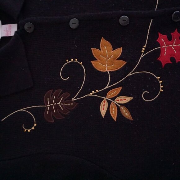 Vintage Crystal Kobe Black Embroidered Harvest Leaves Button Cardigan Sweater L - Picture 10 of 11